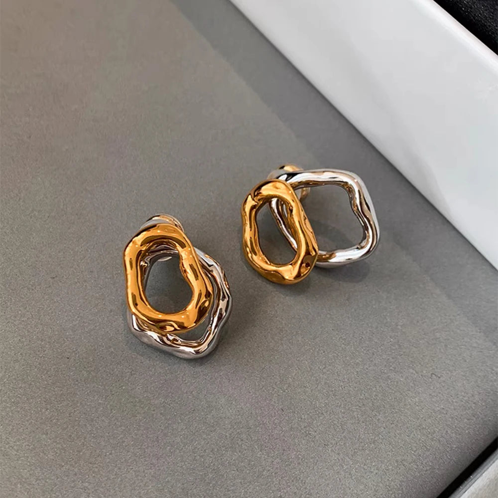 Geometric Stainless Steel Gold Sliver Color Bilayer Stud Earring for Women