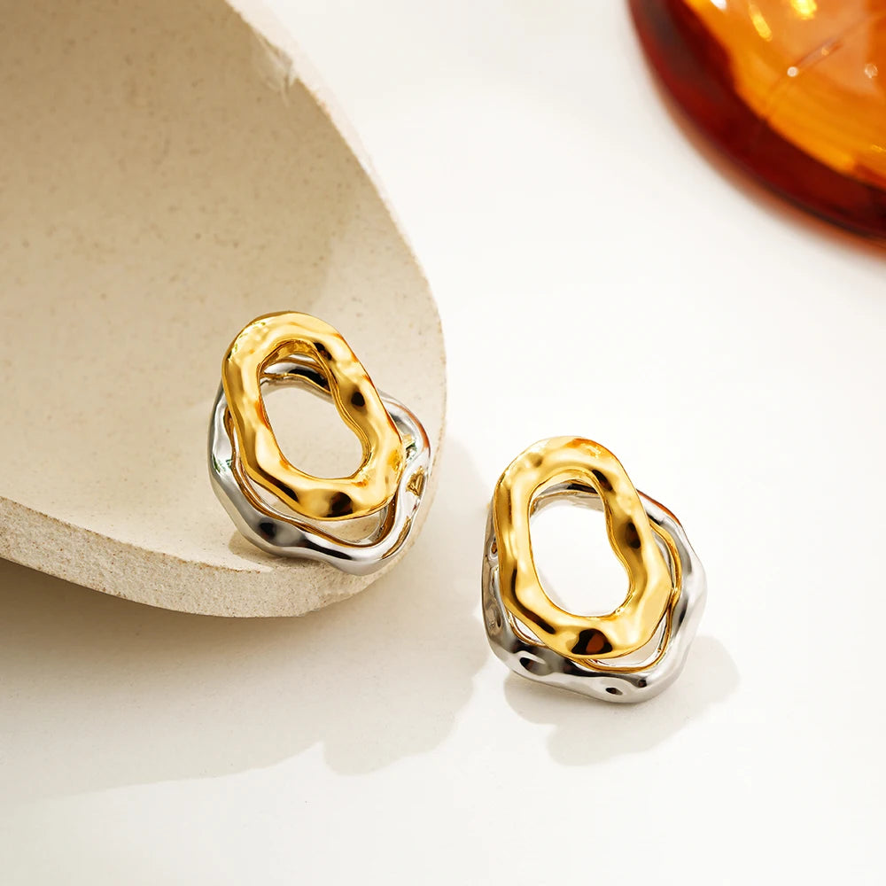 Geometric Stainless Steel Gold Sliver Color Bilayer Stud Earring for Women