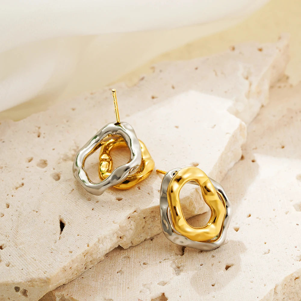 Geometric Stainless Steel Gold Sliver Color Bilayer Stud Earring for Women