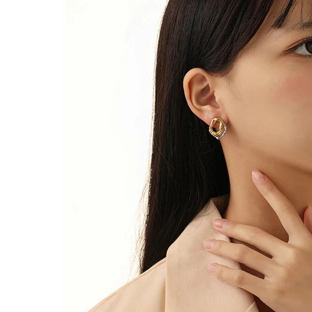Geometric Stainless Steel Gold Sliver Color Bilayer Stud Earring for Women