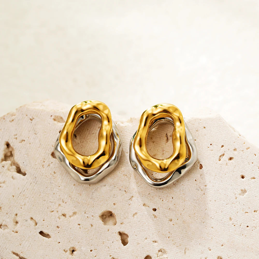 Geometric Stainless Steel Gold Sliver Color Bilayer Stud Earring for Women